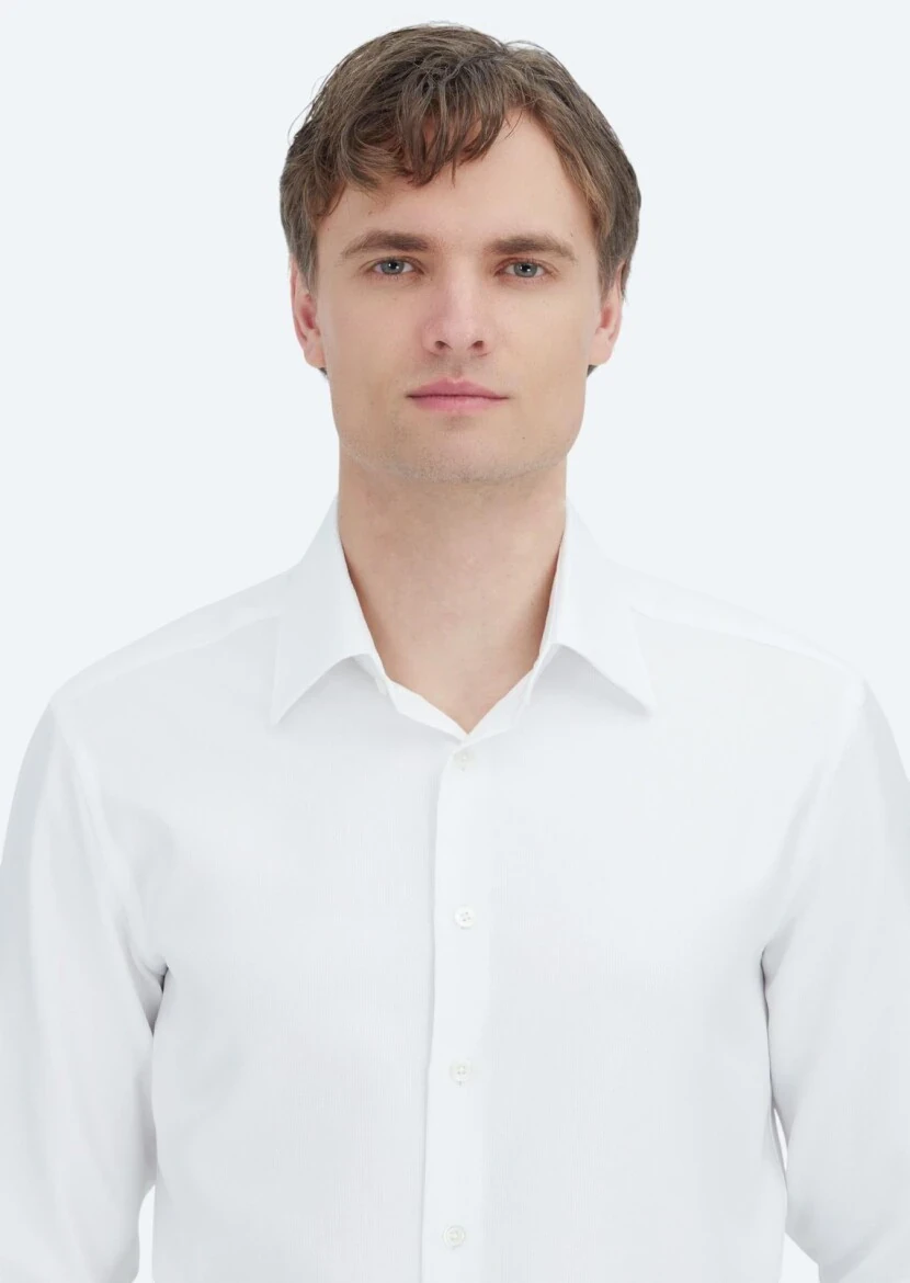 White Patterned Regular Fit Weaving Classical 100% Cotton Shirt - 5