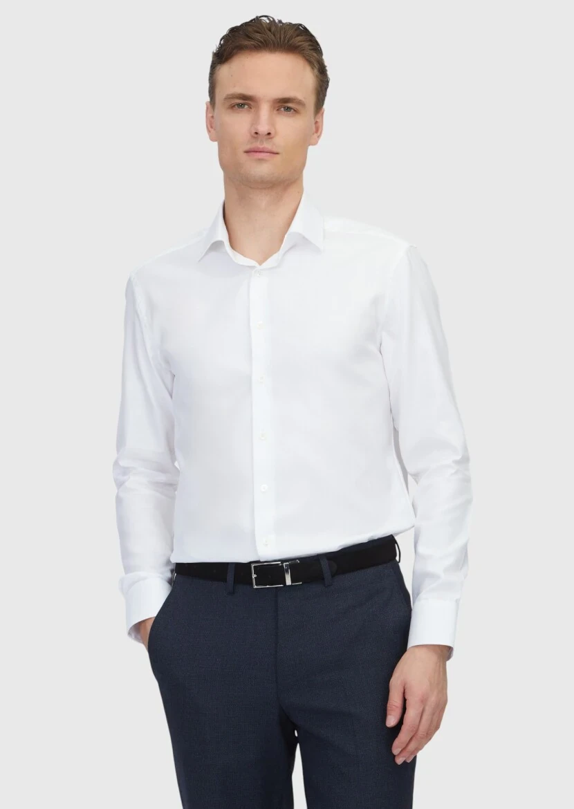 White Patterned Regular Fit Weaving Classical 100% Cotton Shirt - RAMSEY