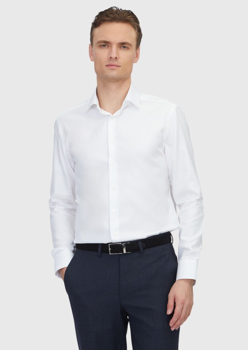 White Patterned Regular Fit Weaving Classical 100% Cotton Shirt - RAMSEY