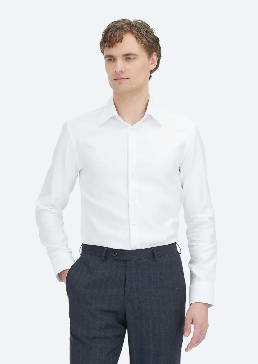 White Patterned Regular Fit Weaving Classical 100% Cotton Shirt - 5