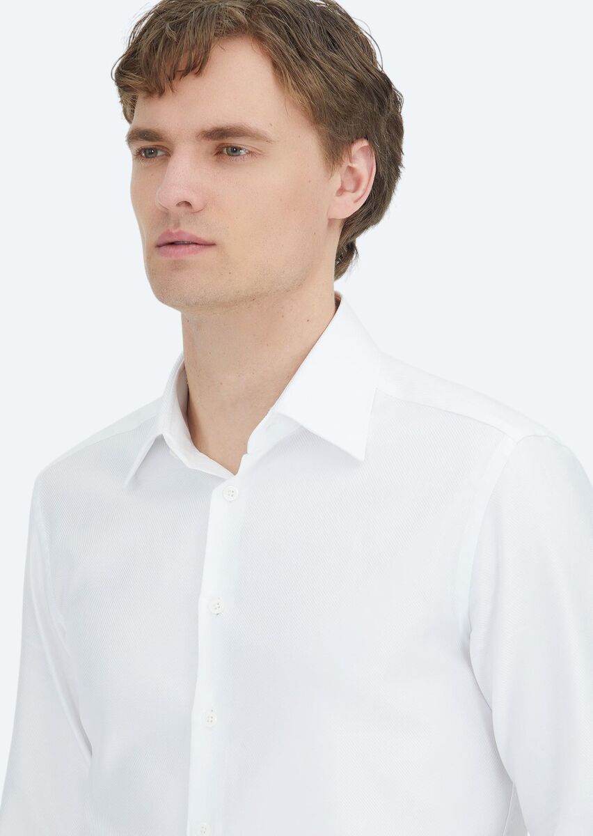 White Patterned Regular Fit Weaving Classical 100% Cotton Shirt - 2