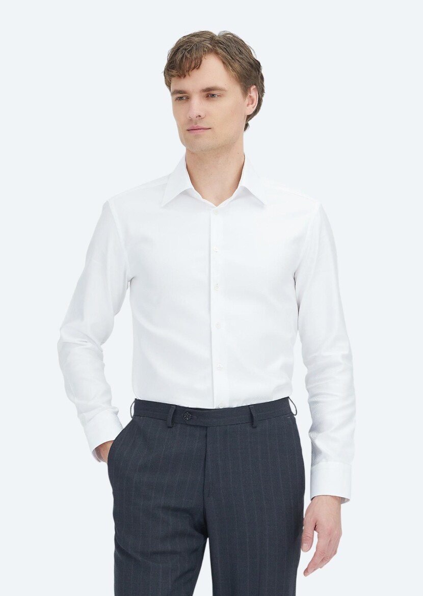 White Patterned Regular Fit Weaving Classical 100% Cotton Shirt - 5