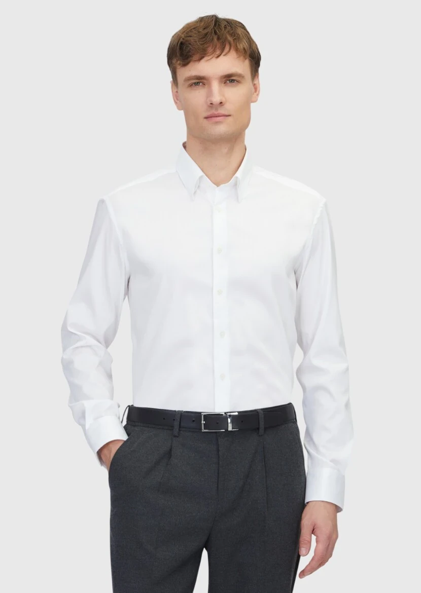 White Patterned Regular Fit Weaving Classical Cotton Blended Shirt - RAMSEY