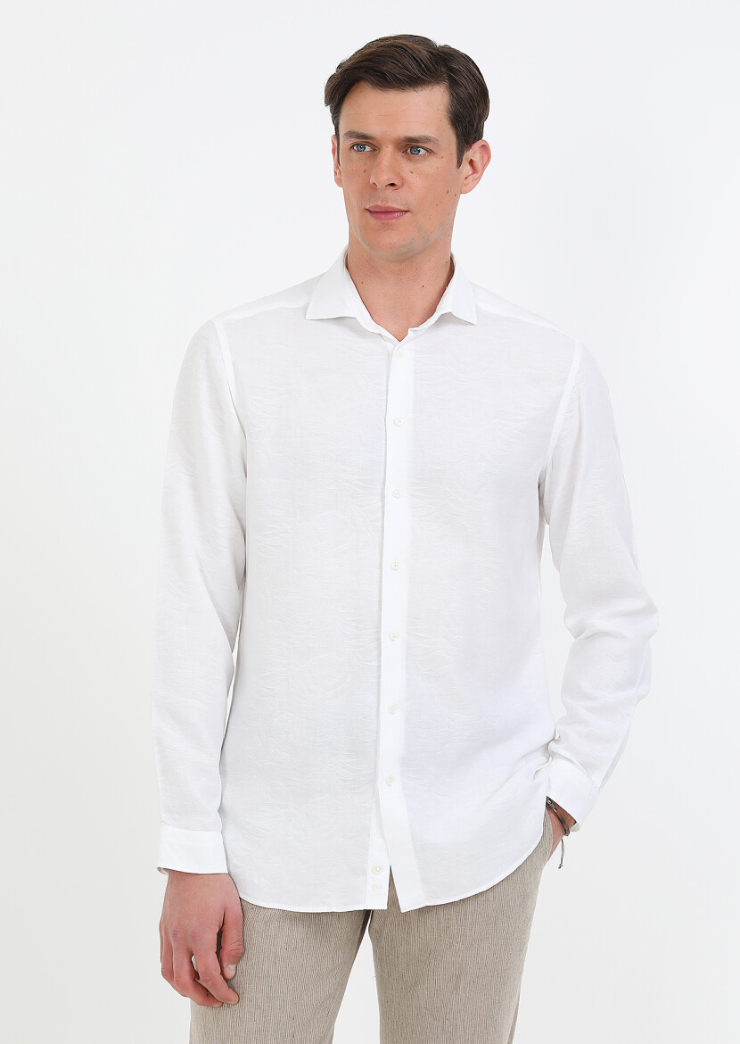 White Patterned Slim Fit Long Weaving Casual Cotton Blended Shirt - 1