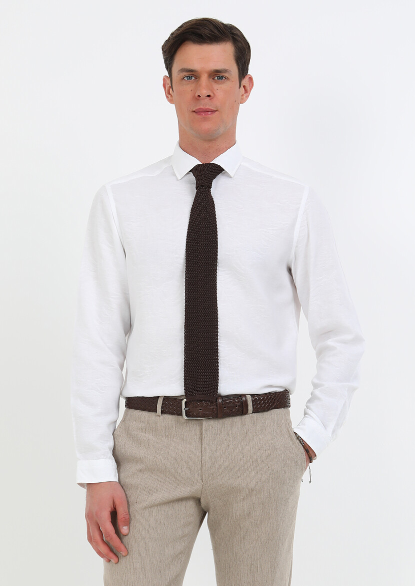 White Patterned Slim Fit Long Weaving Casual Cotton Blended Shirt - 2