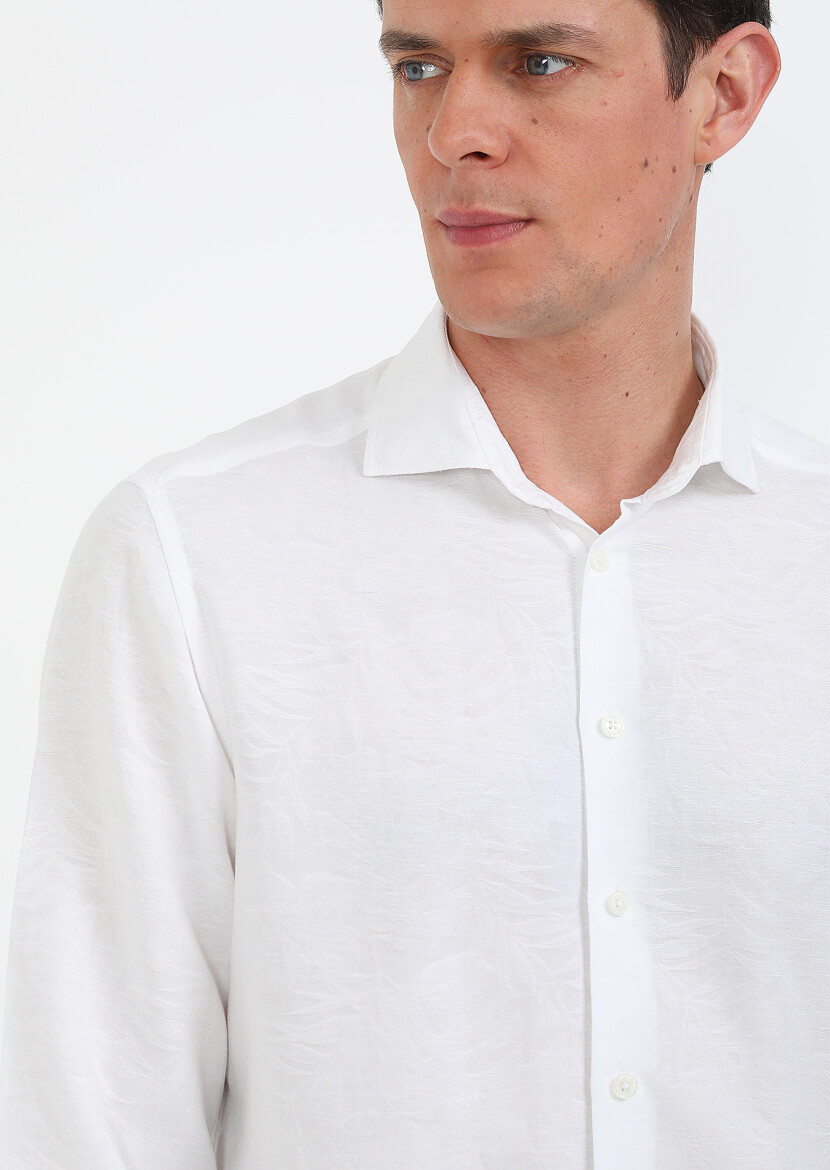 White Patterned Slim Fit Long Weaving Casual Cotton Blended Shirt - 3