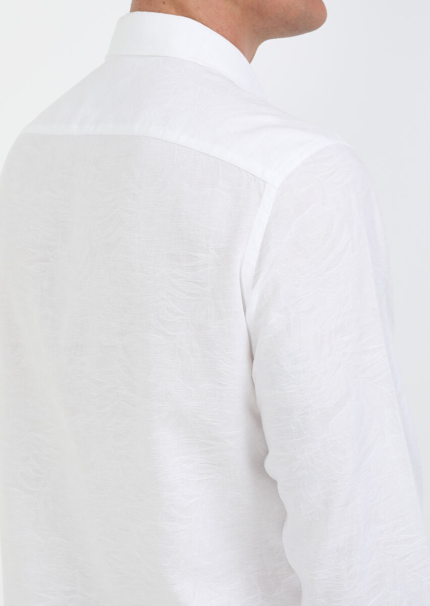 White Patterned Slim Fit Long Weaving Casual Cotton Blended Shirt - 4