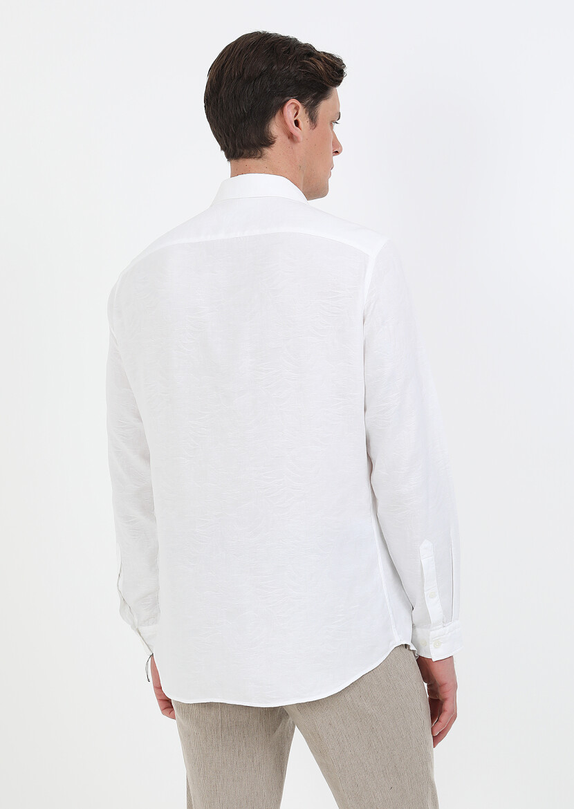 White Patterned Slim Fit Long Weaving Casual Cotton Blended Shirt - 7
