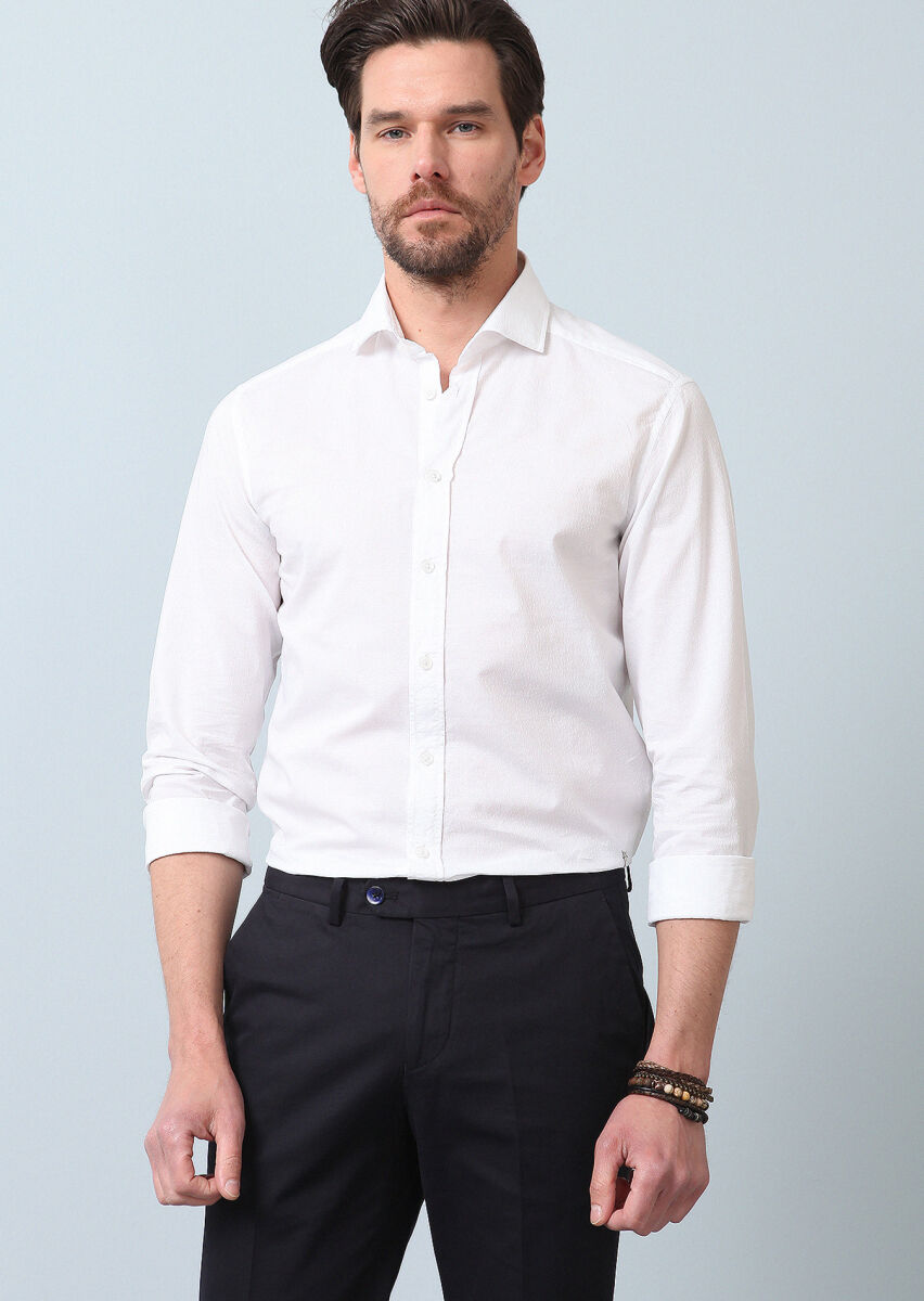 White Patterned Slim Fit Long Weaving Casual Cotton Blended Shirt - 3