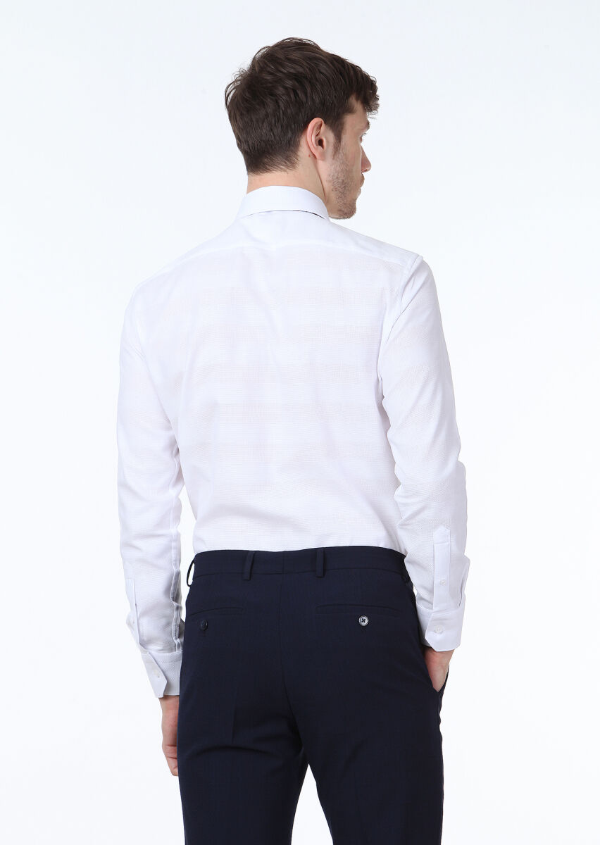 White Patterned Slim Fit Long Weaving Classical 100% Cotton Shirt - 4