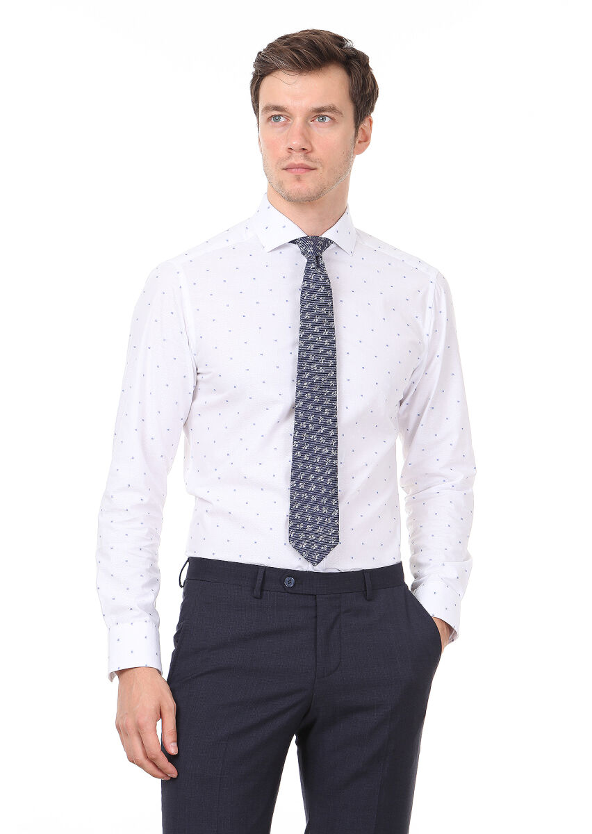 White Patterned Slim Fit Long Weaving Classical 100% Cotton Shirt - 1