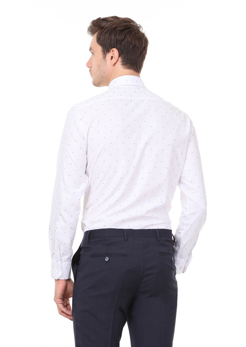 White Patterned Slim Fit Long Weaving Classical 100% Cotton Shirt - 4