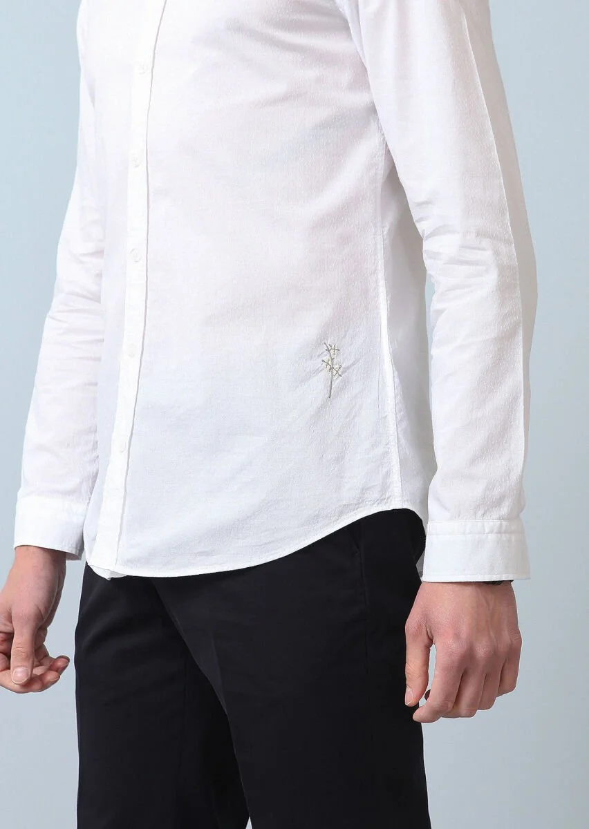 White Patterned Slim Fit Weaving Casual Cotton Blended Shirt - 4