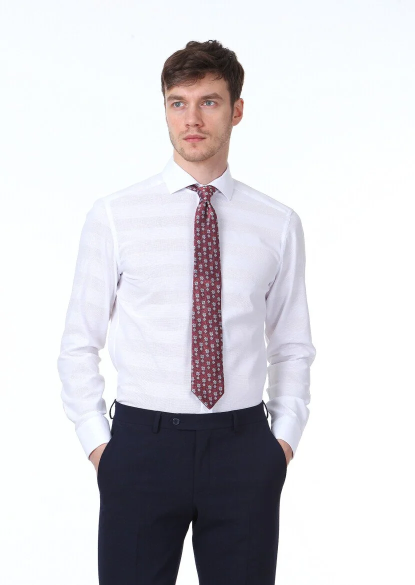 White Patterned Slim Fit Weaving Classical 100% Cotton Shirt - 1