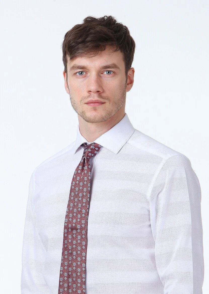 White Patterned Slim Fit Weaving Classical 100% Cotton Shirt - 3
