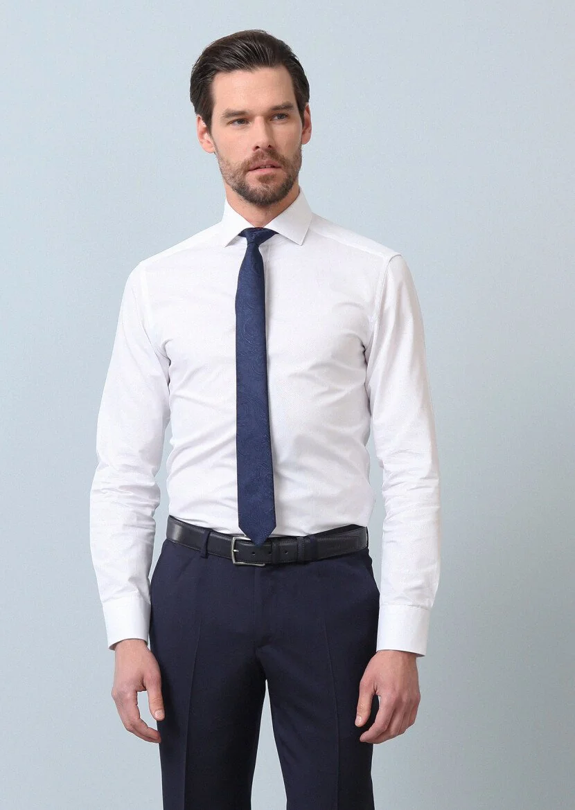 White Patterned Slim Fit Weaving Classical 100% Cotton Shirt - 1
