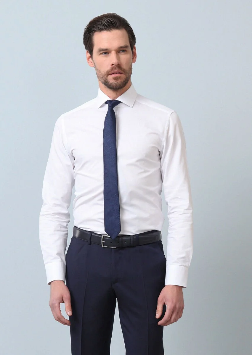 White Patterned Slim Fit Weaving Classical 100% Cotton Shirt - 1