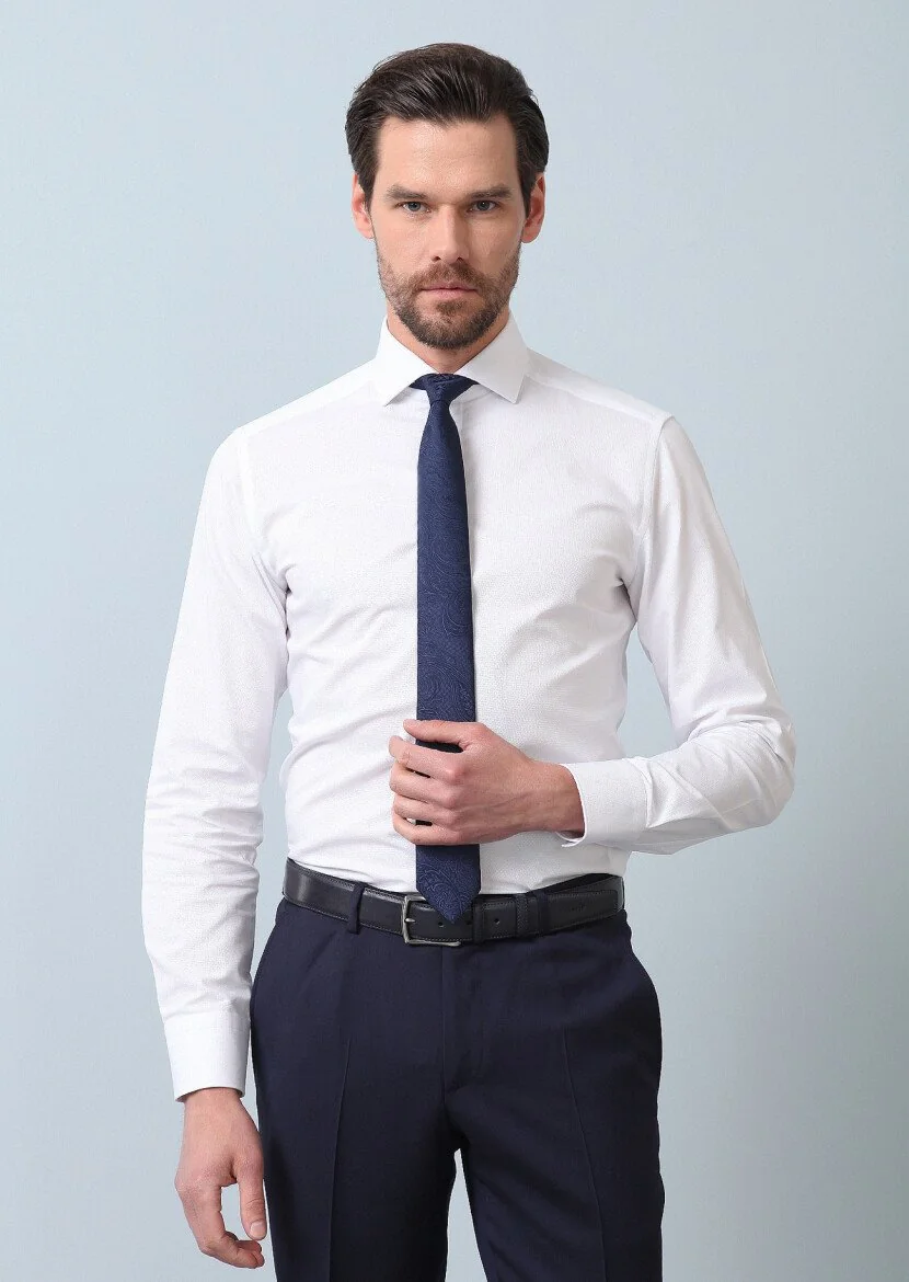 White Patterned Slim Fit Weaving Classical 100% Cotton Shirt - 4