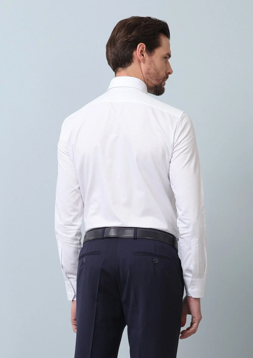 White Patterned Slim Fit Weaving Classical 100% Cotton Shirt - 5