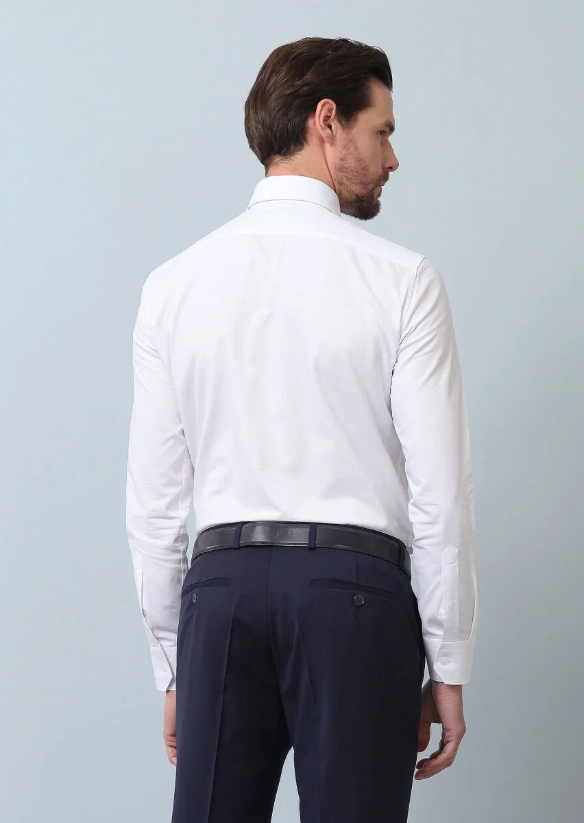 White Patterned Slim Fit Weaving Classical 100% Cotton Shirt - 5
