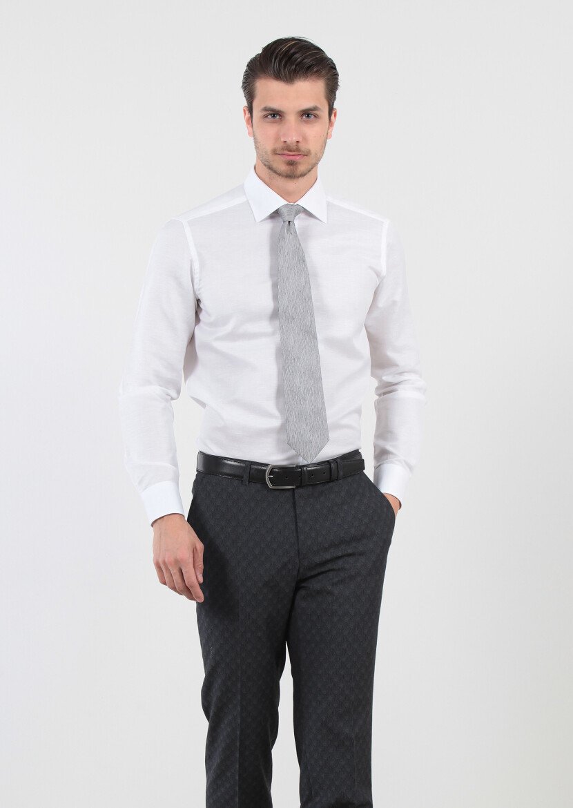 White Patterned Weaving Classical Cotton Blended Shirt - 1