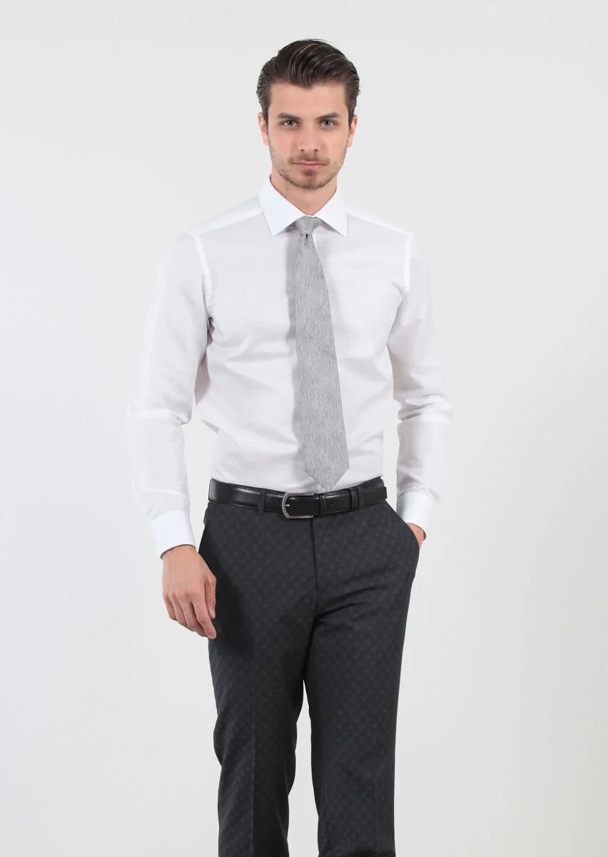 White Patterned Weaving Classical Cotton Blended Shirt - 1