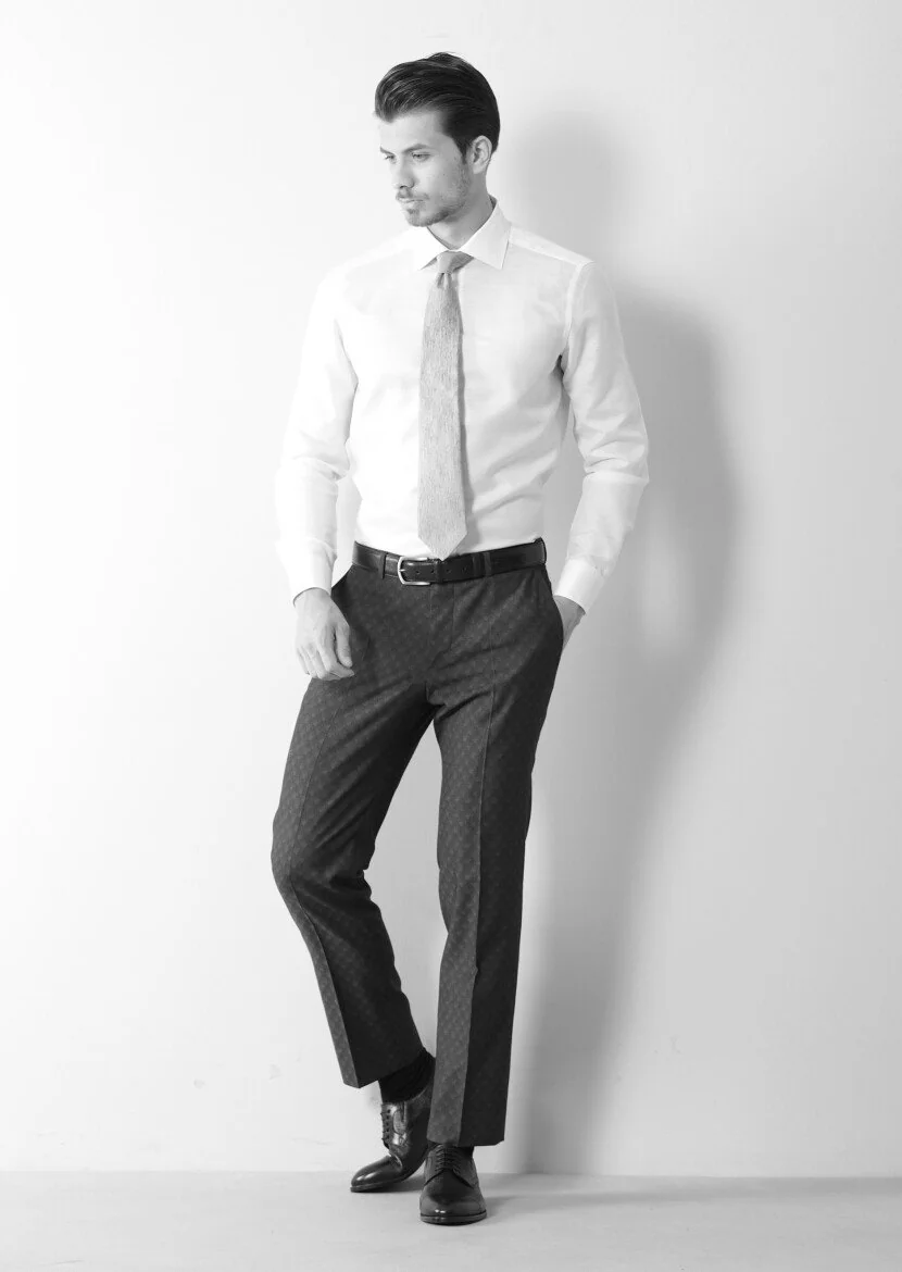 White Patterned Weaving Classical Cotton Blended Shirt 