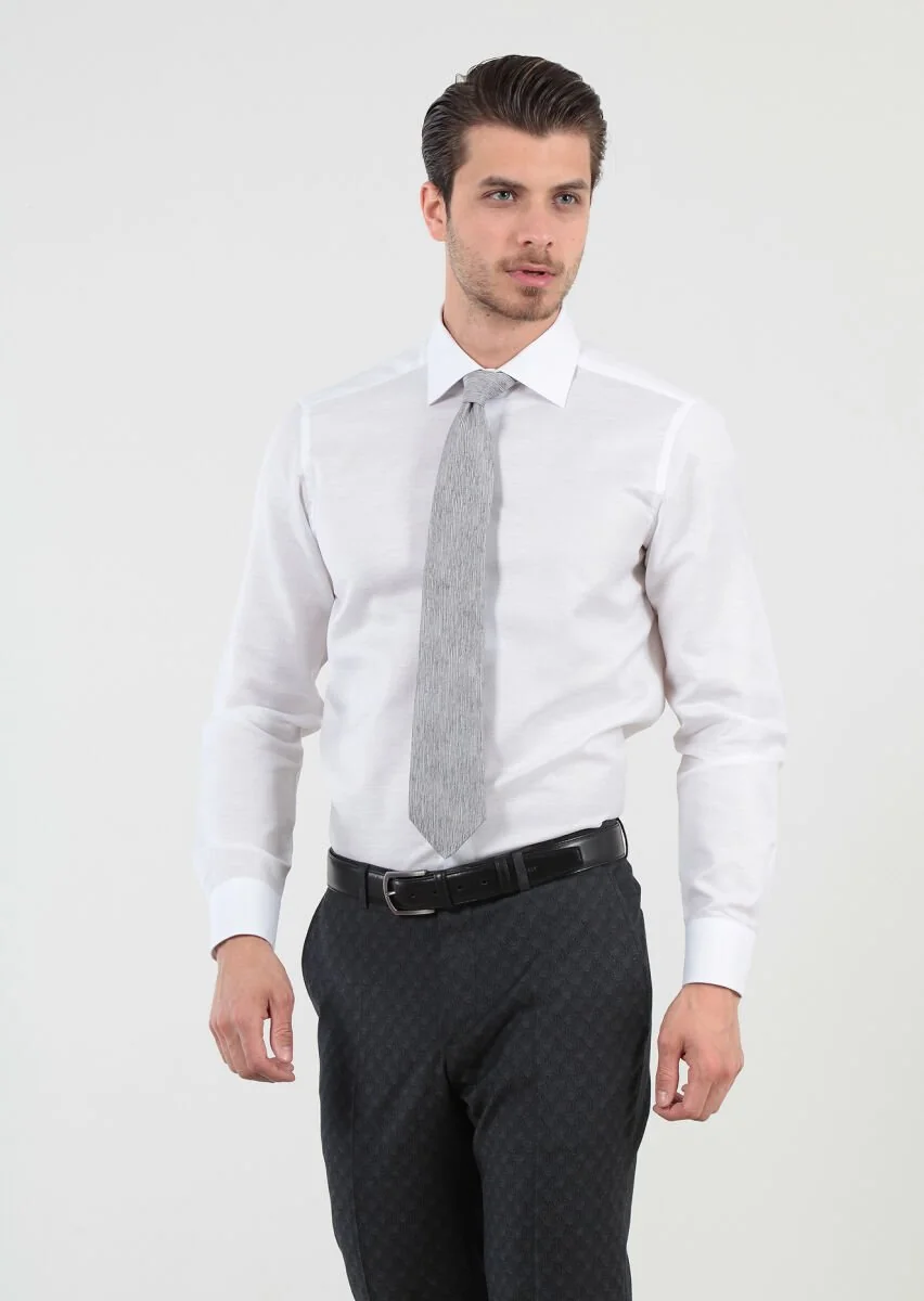 White Patterned Weaving Classical Cotton Blended Shirt - 3