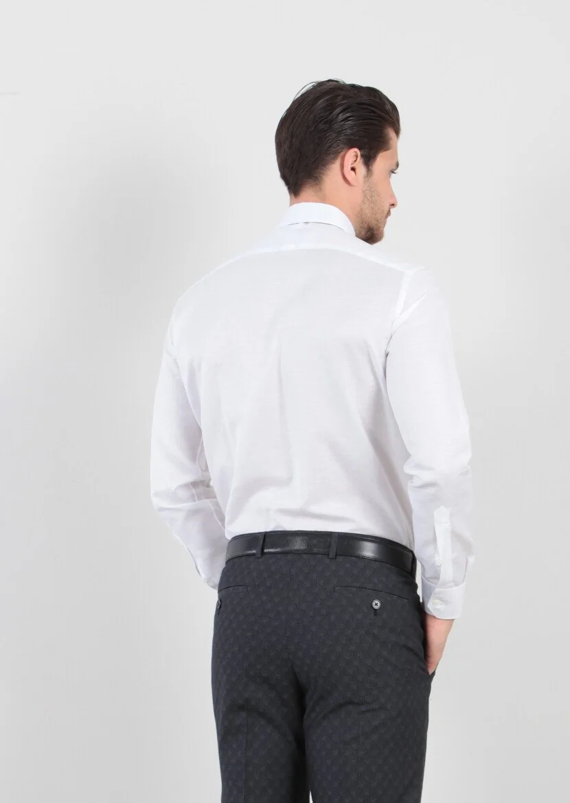 White Patterned Weaving Classical Cotton Blended Shirt - 5
