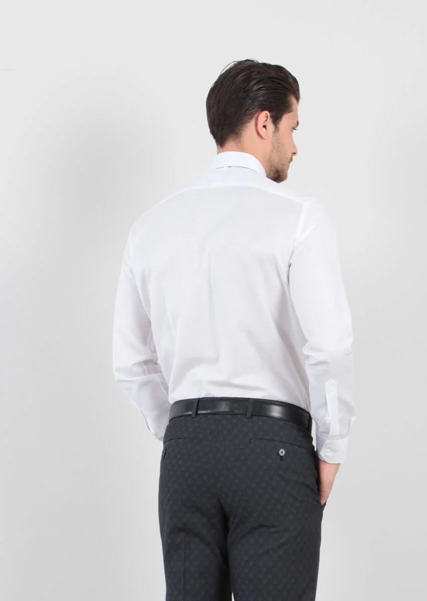 White Patterned Weaving Classical Cotton Blended Shirt - 5