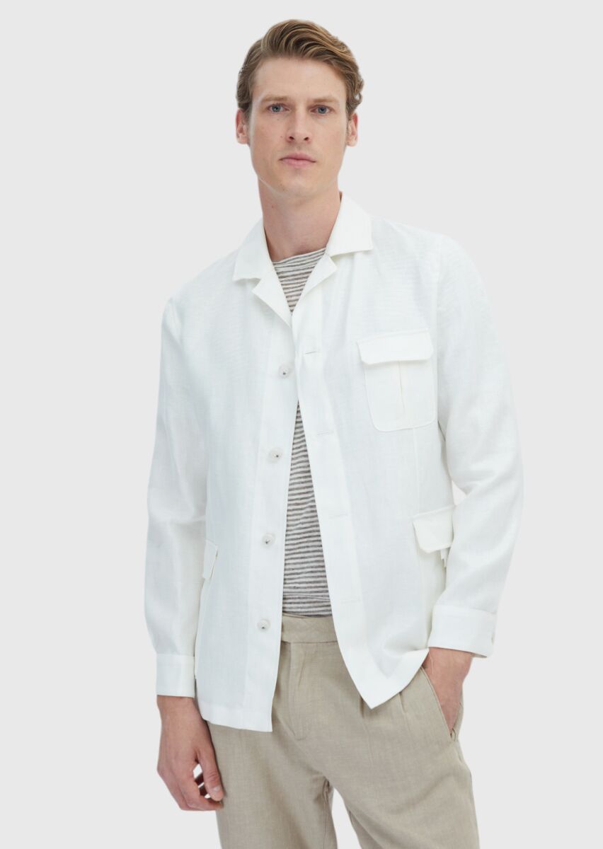 White Plain Casual Fit Cotton Blended Jacket - 1