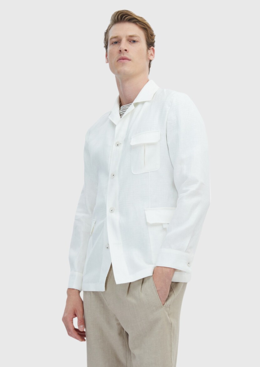 White Plain Casual Fit Cotton Blended Jacket - 3