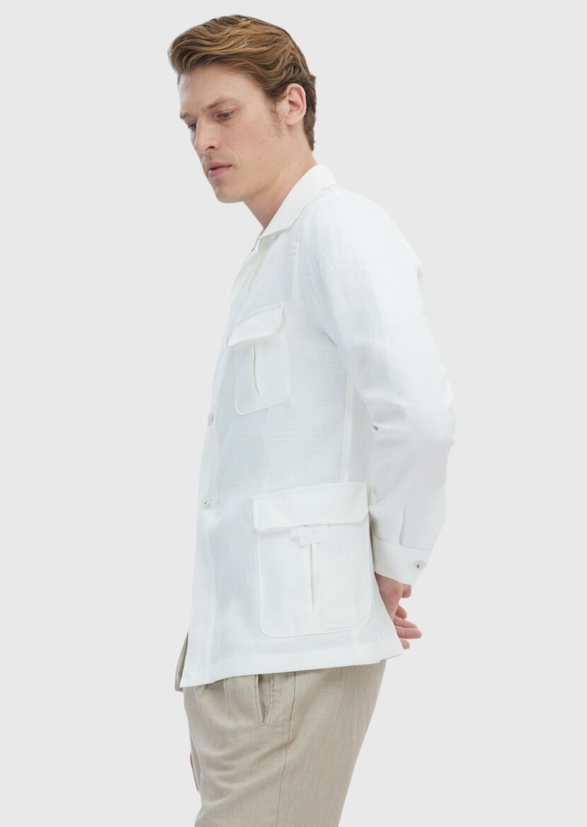 White Plain Casual Fit Cotton Blended Jacket - 4