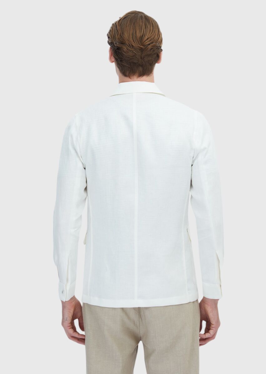 White Plain Casual Fit Cotton Blended Jacket - 7