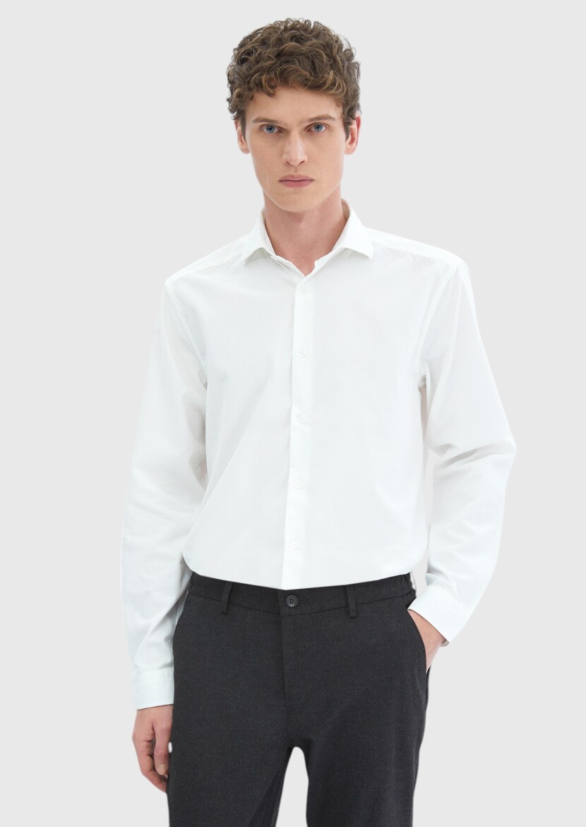 White Plain Casual Fit Long Weaving Casual 100% Cotton Shirt - 4