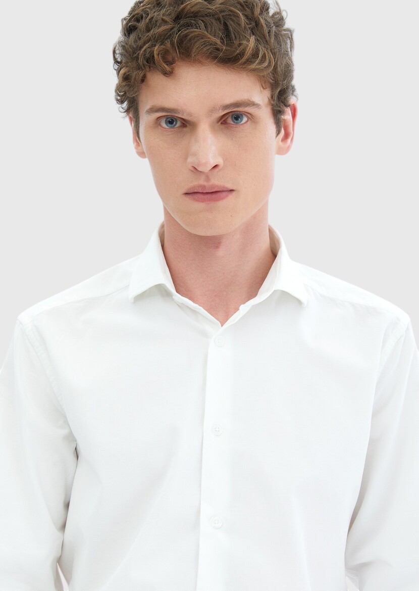 White Plain Casual Fit Long Weaving Casual 100% Cotton Shirt - 5