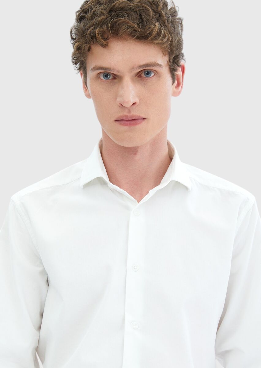 White Plain Casual Fit Long Weaving Casual 100% Cotton Shirt - 5