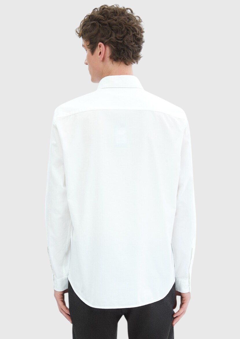 White Plain Casual Fit Long Weaving Casual 100% Cotton Shirt - 6