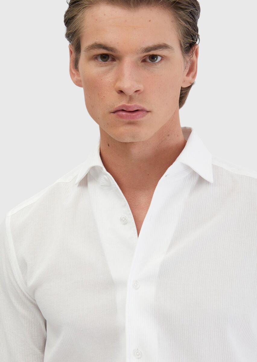 White Plain Casual Fit Long Weaving Casual 100% Cotton Shirt - 4