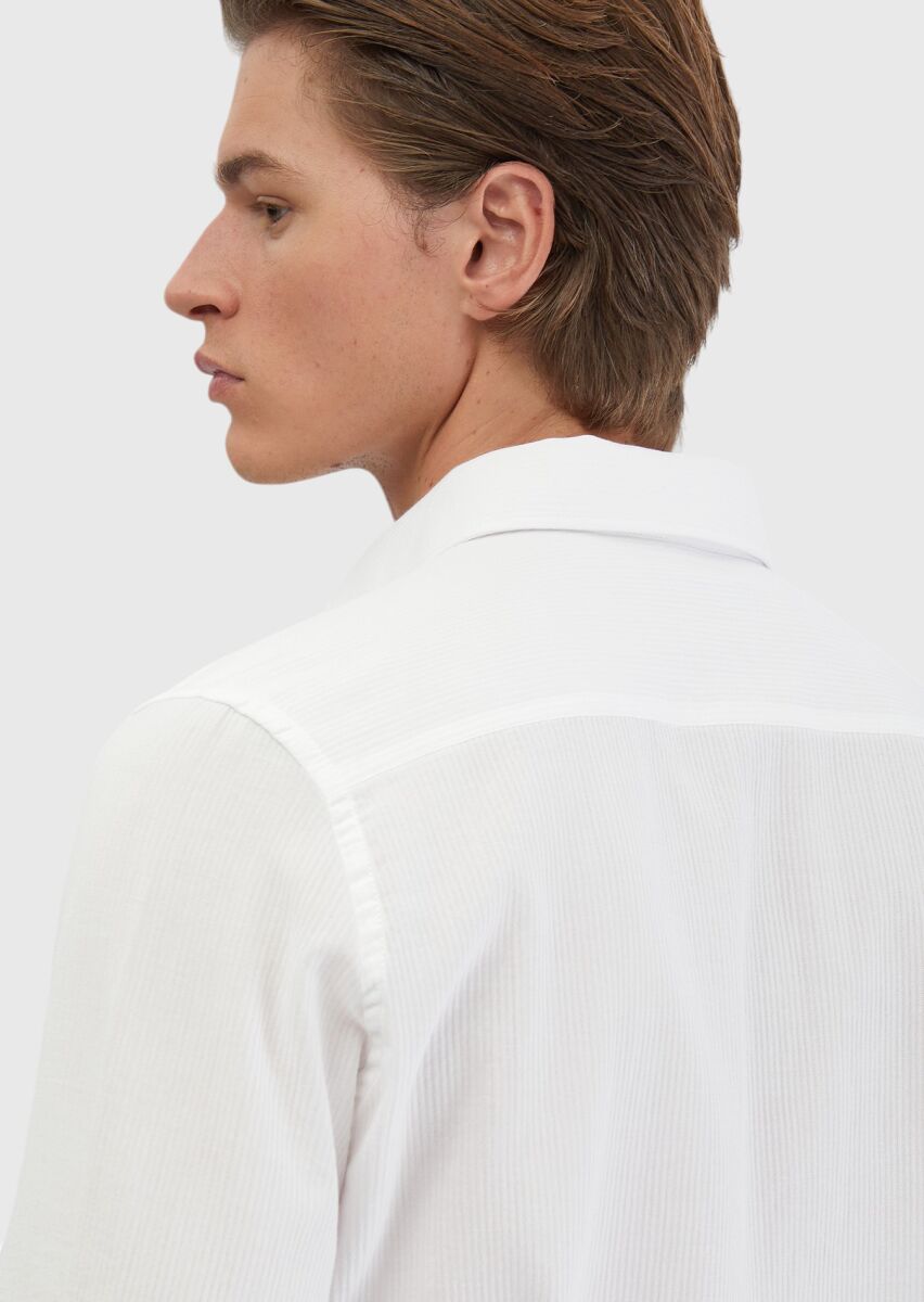 White Plain Casual Fit Long Weaving Casual 100% Cotton Shirt - 5