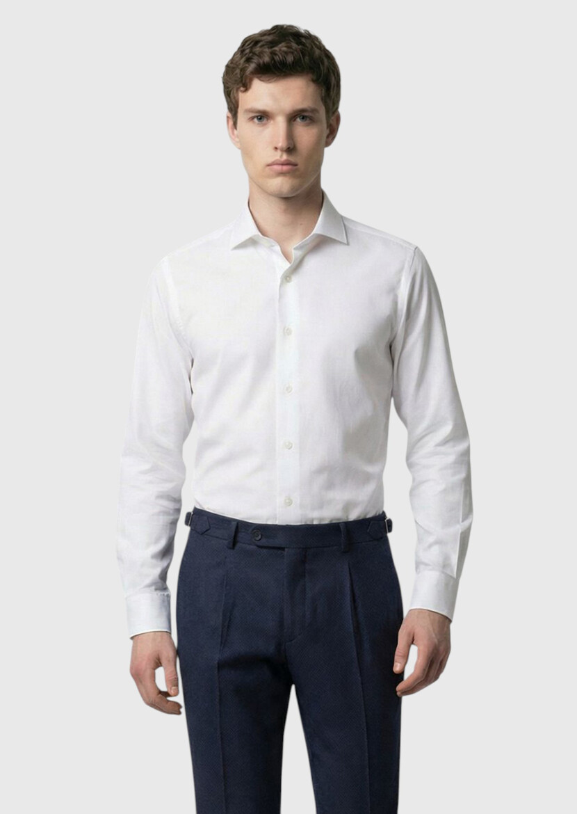 White Plain Casual Fit Long Weaving Casual 100% Cotton Shirt 