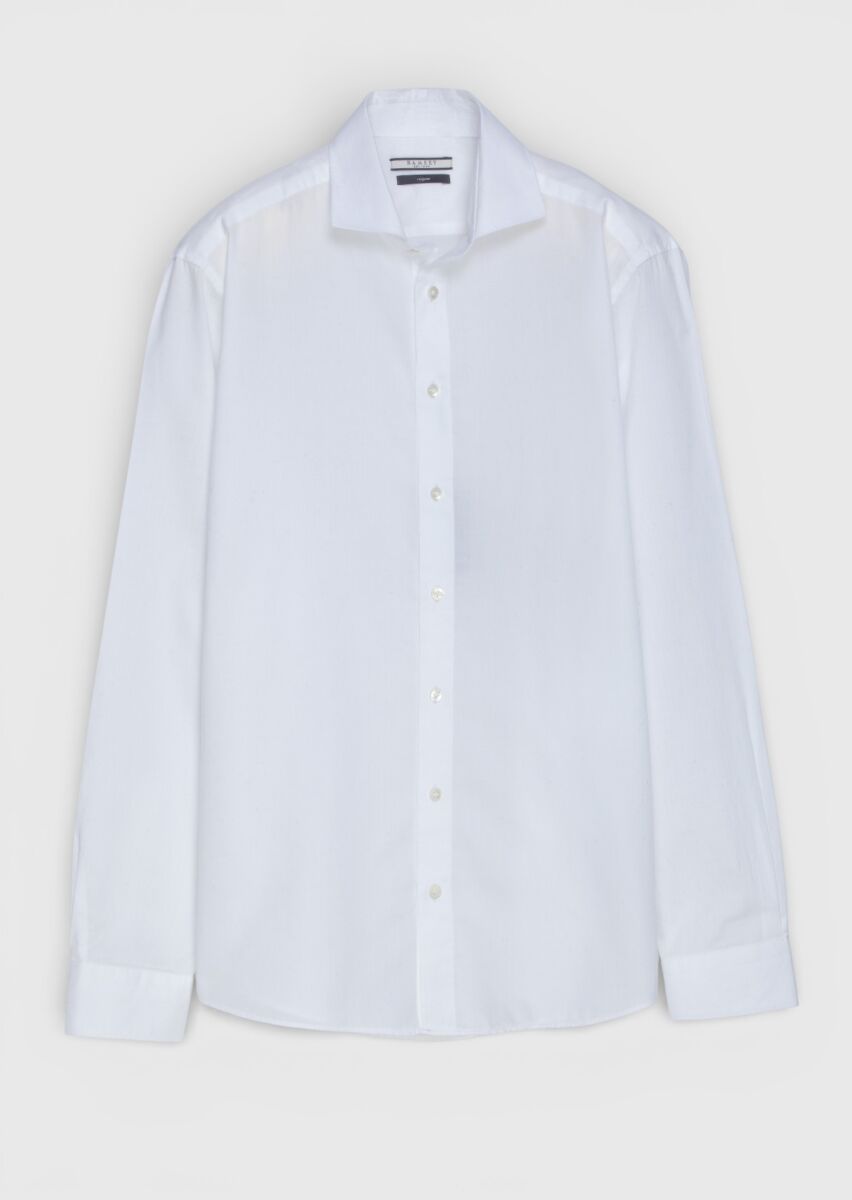 White Plain Casual Fit Long Weaving Casual 100% Cotton Shirt - 4