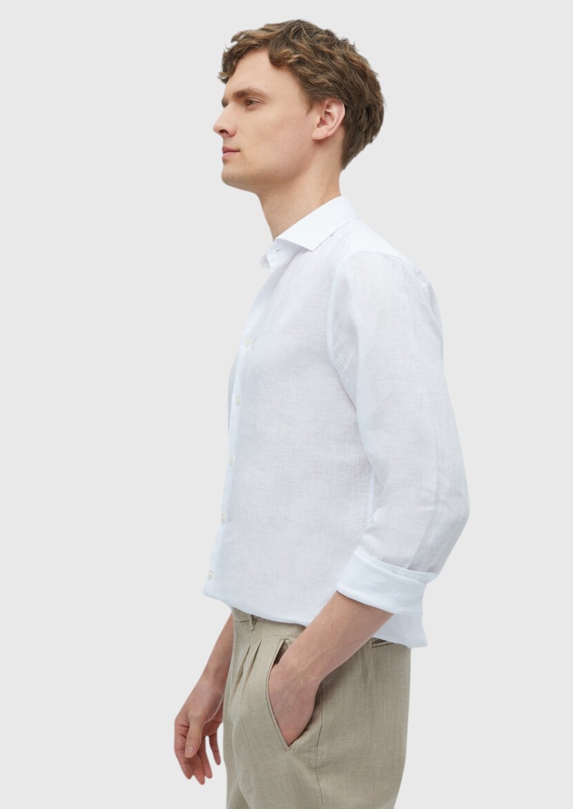 White Plain Casual Fit Long Weaving Casual 100% Linen Shirt - 3