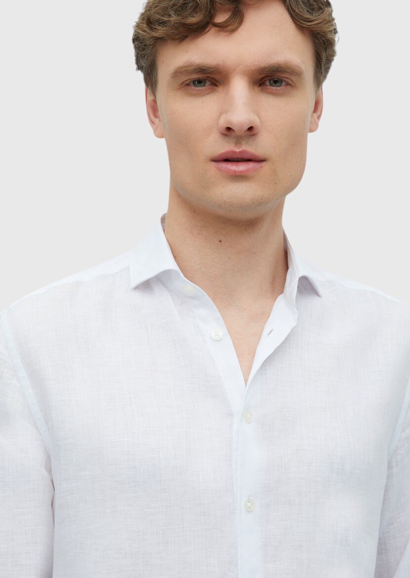 White Plain Casual Fit Long Weaving Casual 100% Linen Shirt - 4