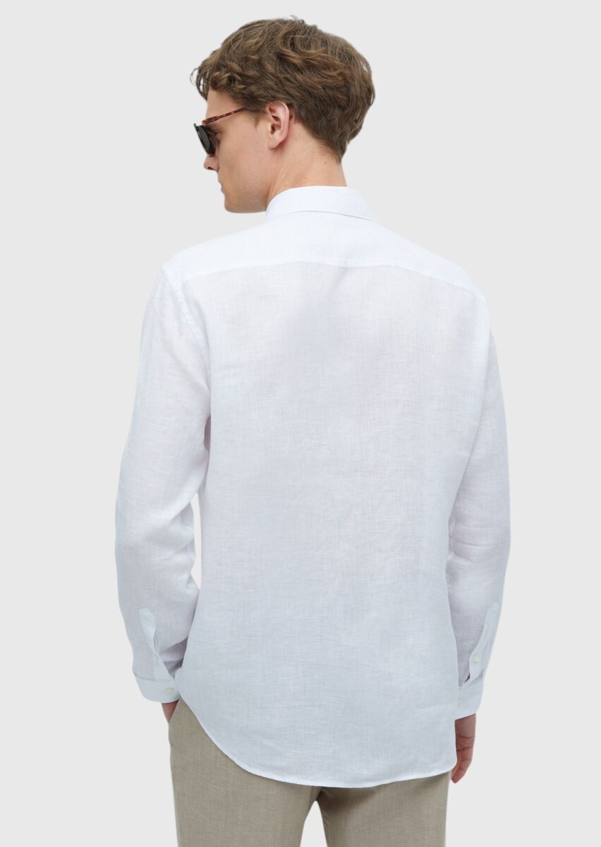 White Plain Casual Fit Long Weaving Casual 100% Linen Shirt - 6