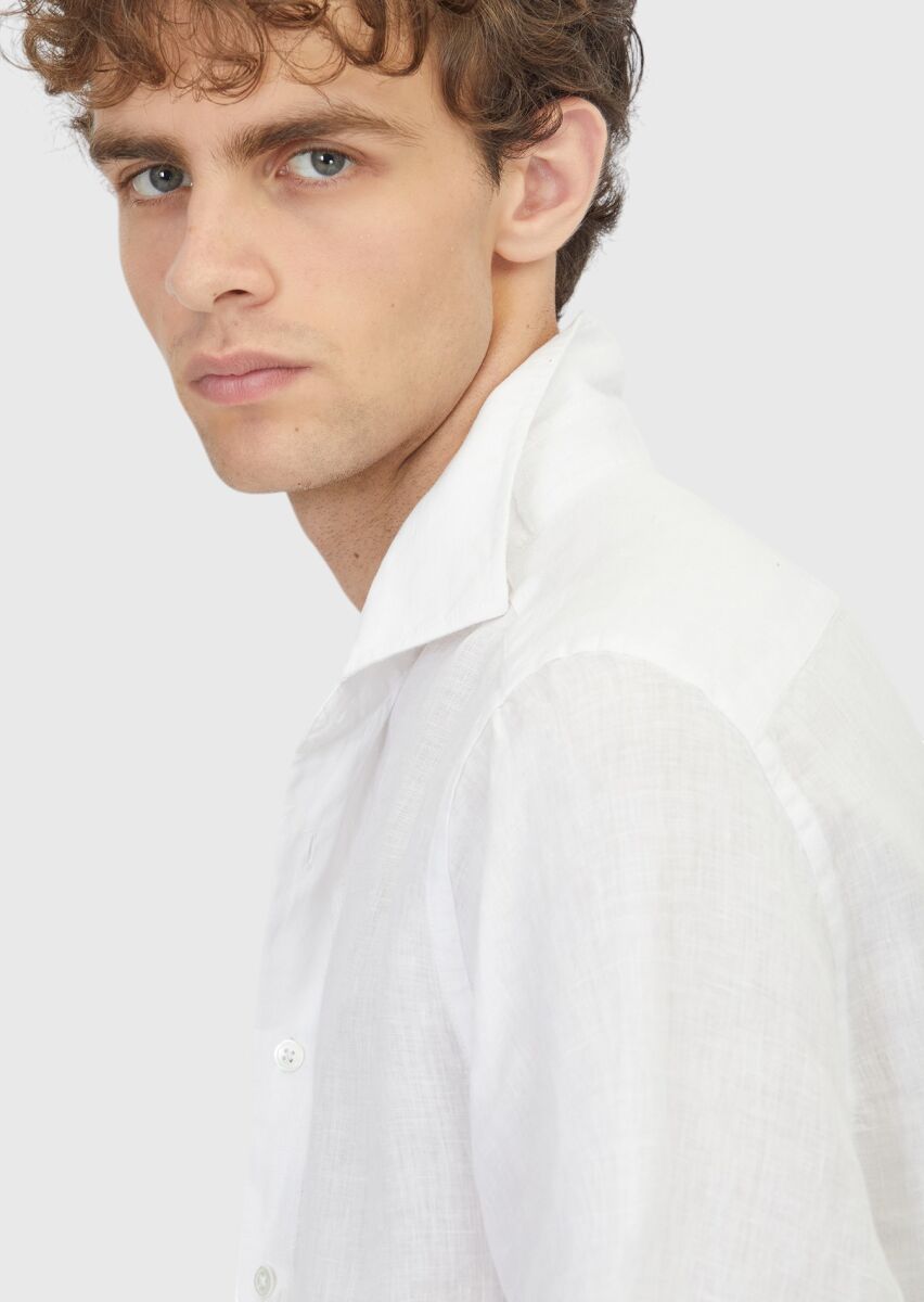 White Plain Casual Fit Long Weaving Casual 100% Linen Shirt - 5