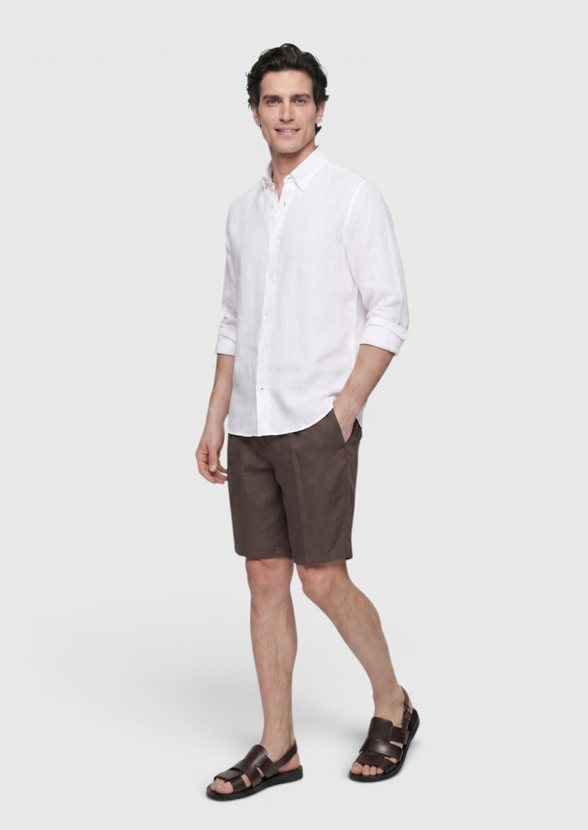 White Plain Casual Fit Long Weaving Casual 100% Linen Shirt - RAMSEY