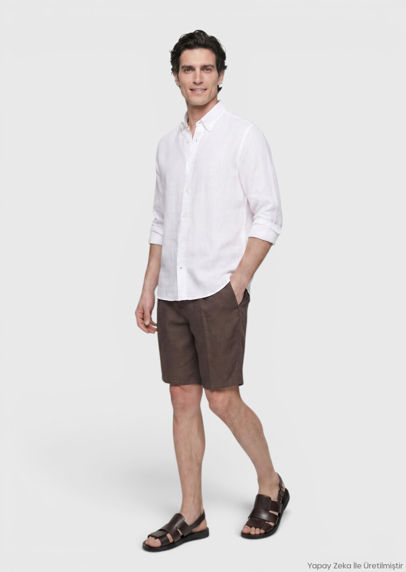 White Plain Casual Fit Long Weaving Casual 100% Linen Shirt - RAMSEY