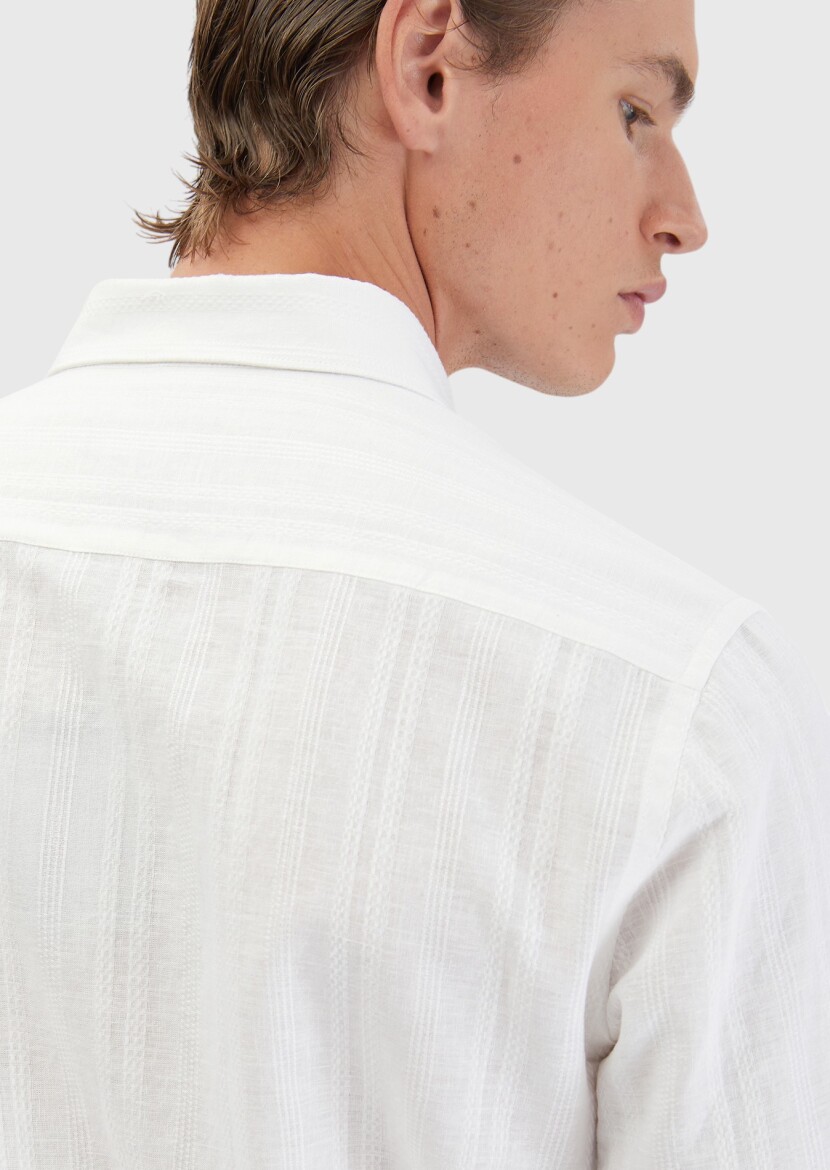 White Plain Casual Fit Long Weaving Casual Cotton Blended Shirt - 5
