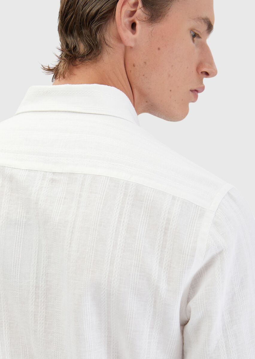 White Plain Casual Fit Long Weaving Casual Cotton Blended Shirt - 5